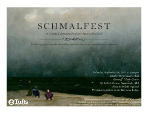 Moody seascape with three small figures in the lower left corner, including Professor Janet Schmalfeldt, and Weird Al Yankovic