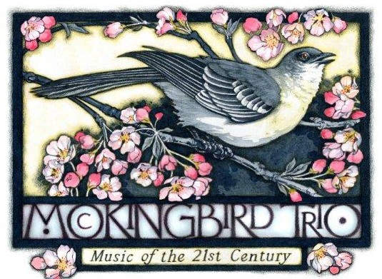 Beautiful drawing of a mockingbird, nestled in a blooming almond tree, with the words "Mockingbird Trio, Music of the 21st Century below"