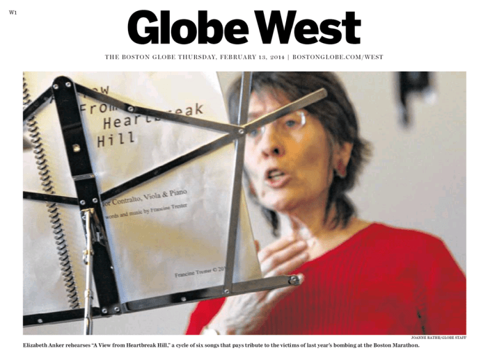 Liz standing in front of a music stand with A View from Heartbreak Hill onthe cover