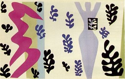 two absract figures with leaves