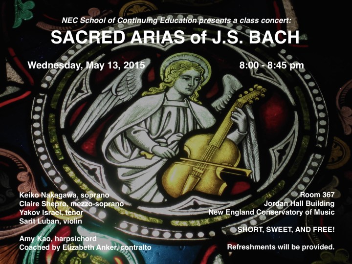 beautiful angel holding a viollin with information about class concert on May 13 at 8:00 at New England Conservatory of Music