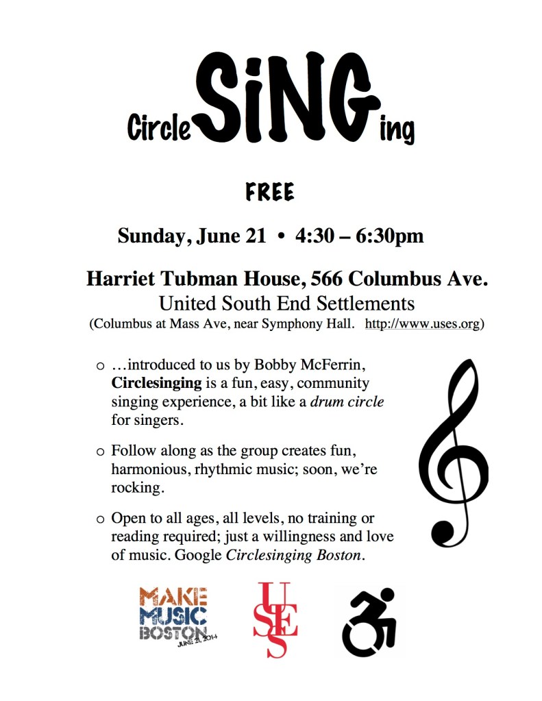 description of free singing program on June 21 with logos from Make Music Boston and USES 